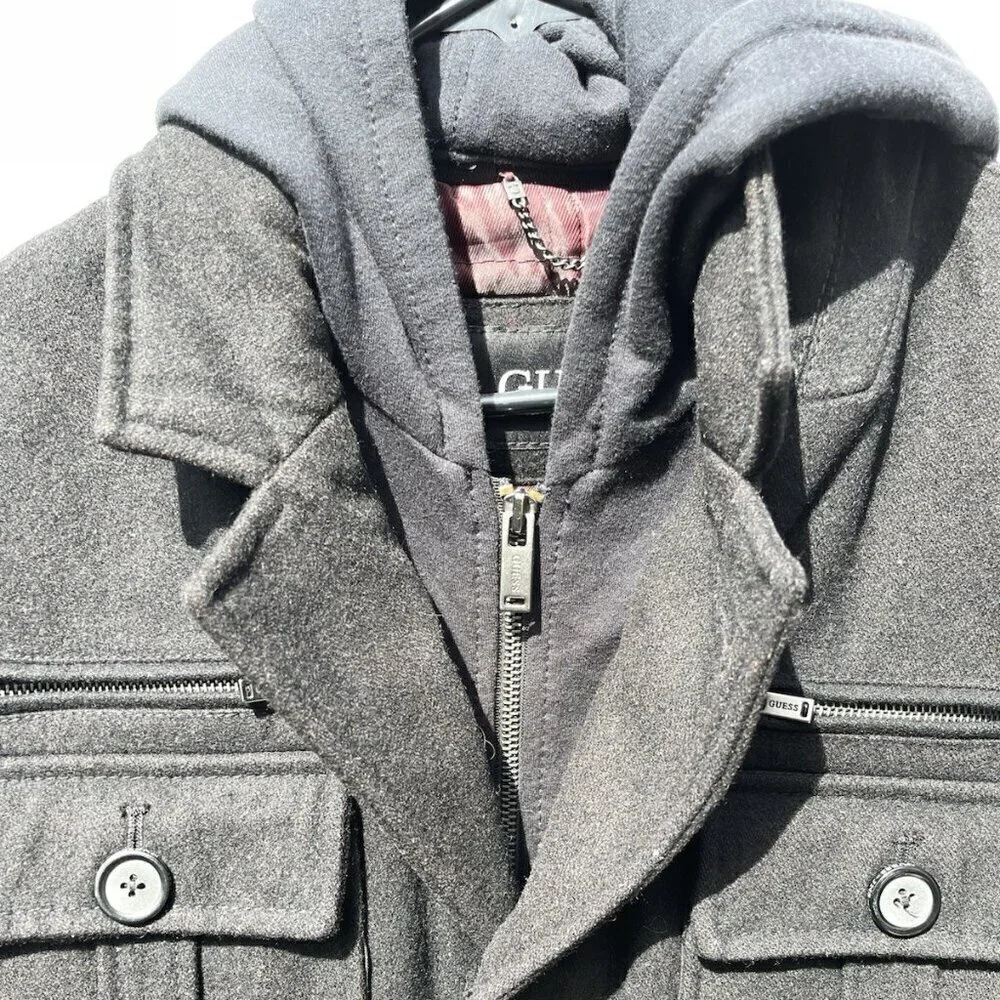 Vintage Guess Men’s Sz L Wool Long Pea Coat Black Full Zip Quilted Lining Hood